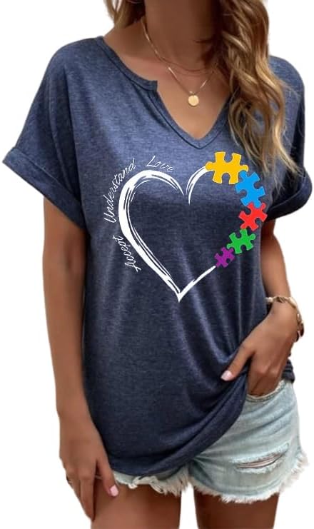 Autism Awareness Shirt for Women Accept Understand Love Heart V Neck T Shirt Autism Graphic Tops Tee