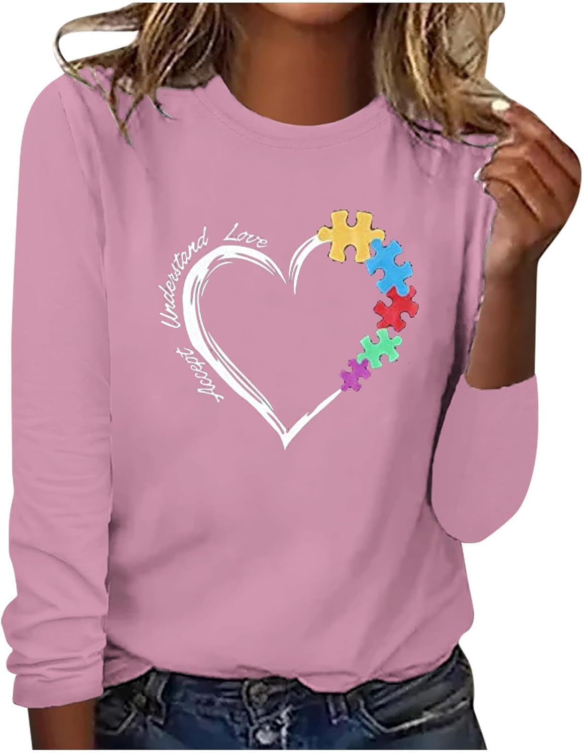 DASAYO Long Sleeve Shirts for Women Crew Neck Casual Blouses Autism Awareness Fashion Tops
