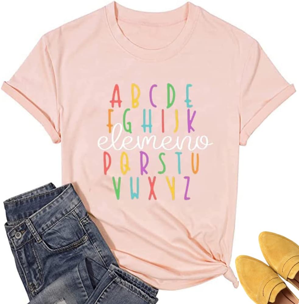 Teacher Shirt ABC Alphabet Elemeno Women Letter Print Graphic Tee Tops Teachers Gift Student T-Shirt Blouse