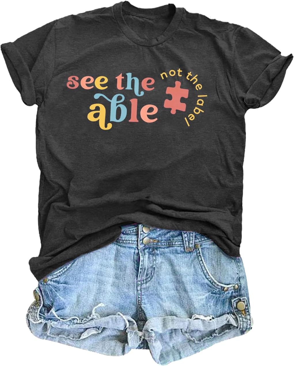 Autism Awareness Shirt Autistic Shirts: Women See The Able Not The Label Rainbow Tee Mental Health Support Short Sleeve Tops