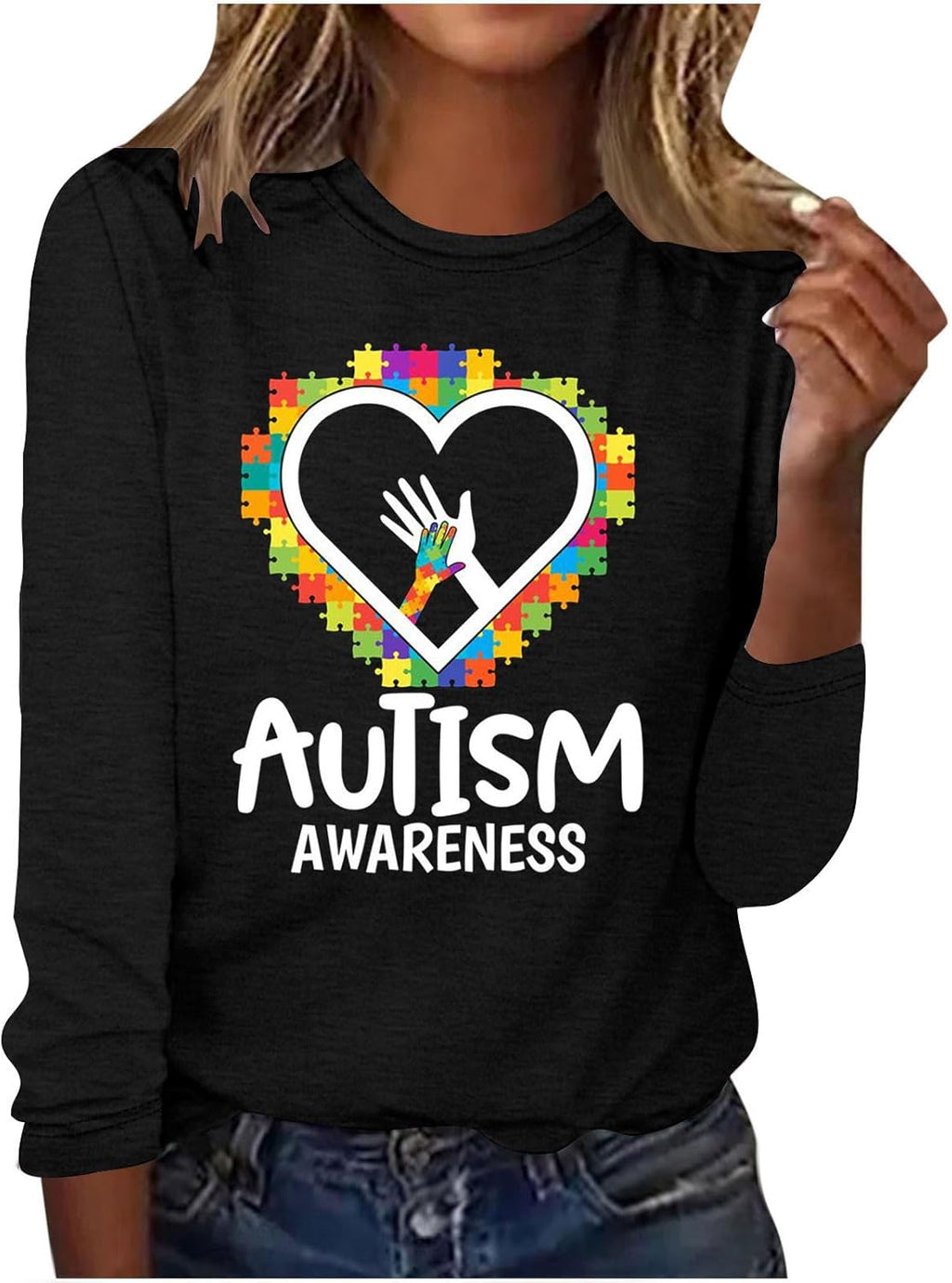 DASAYO Long Sleeve Shirts for Women Crew Neck Casual Blouses Autism Awareness Fashion Tops