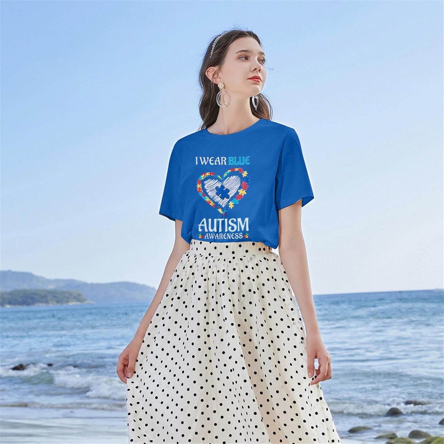 Autism Awareness Shirt Women Blue Ribbon T-Shirt I Wear Blue Tshirt Autism Support Tee Causal Short Sleeve Tee Tops