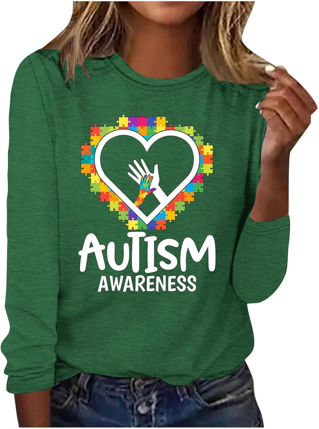 DASAYO Long Sleeve Shirts for Women Crew Neck Casual Blouses Autism Awareness Fashion Tops