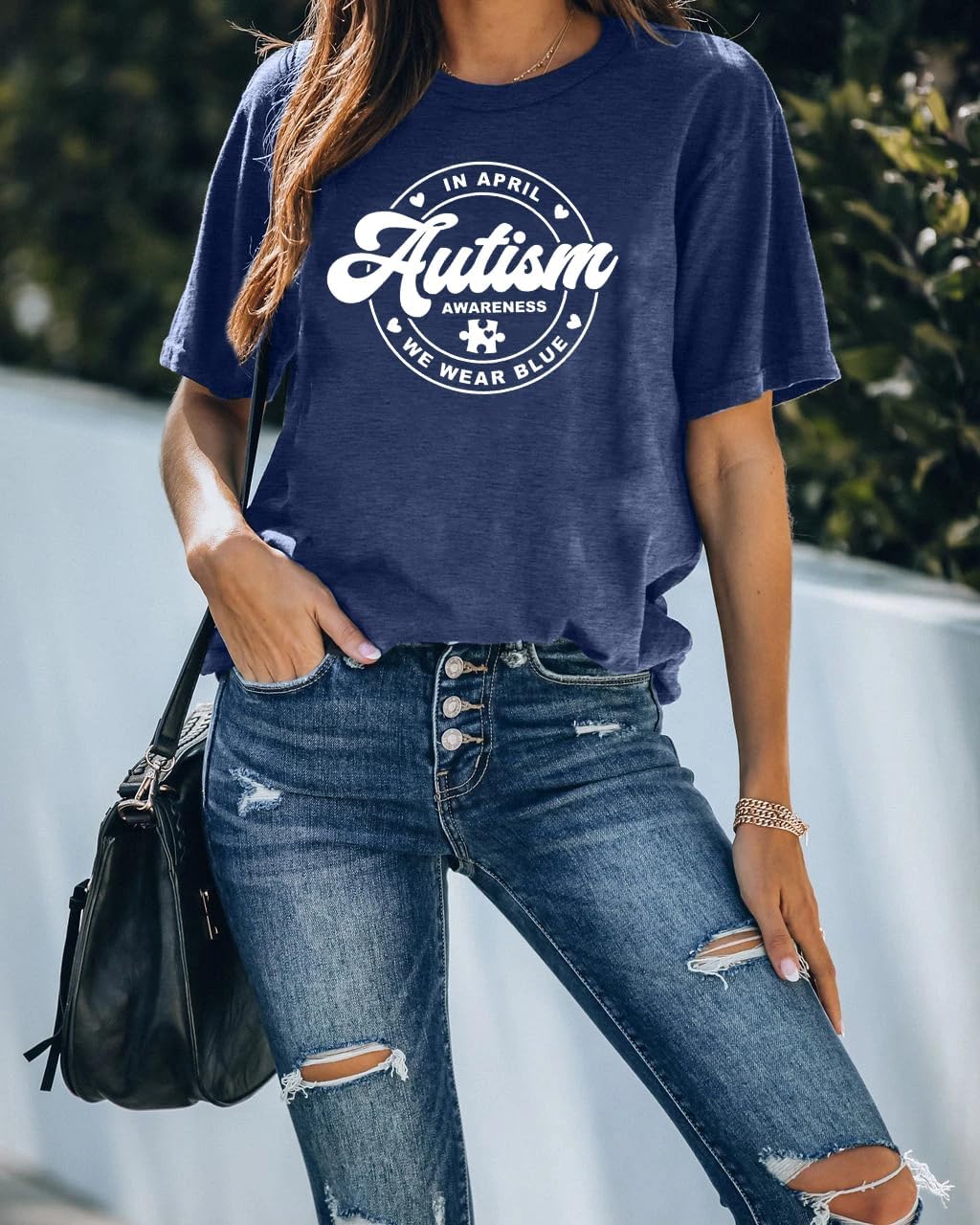 Autism Awareness Shirt for Women: in April We Wear Blue Shirts Mental Health Tee Inspirational Short Sleeve Tee Tops