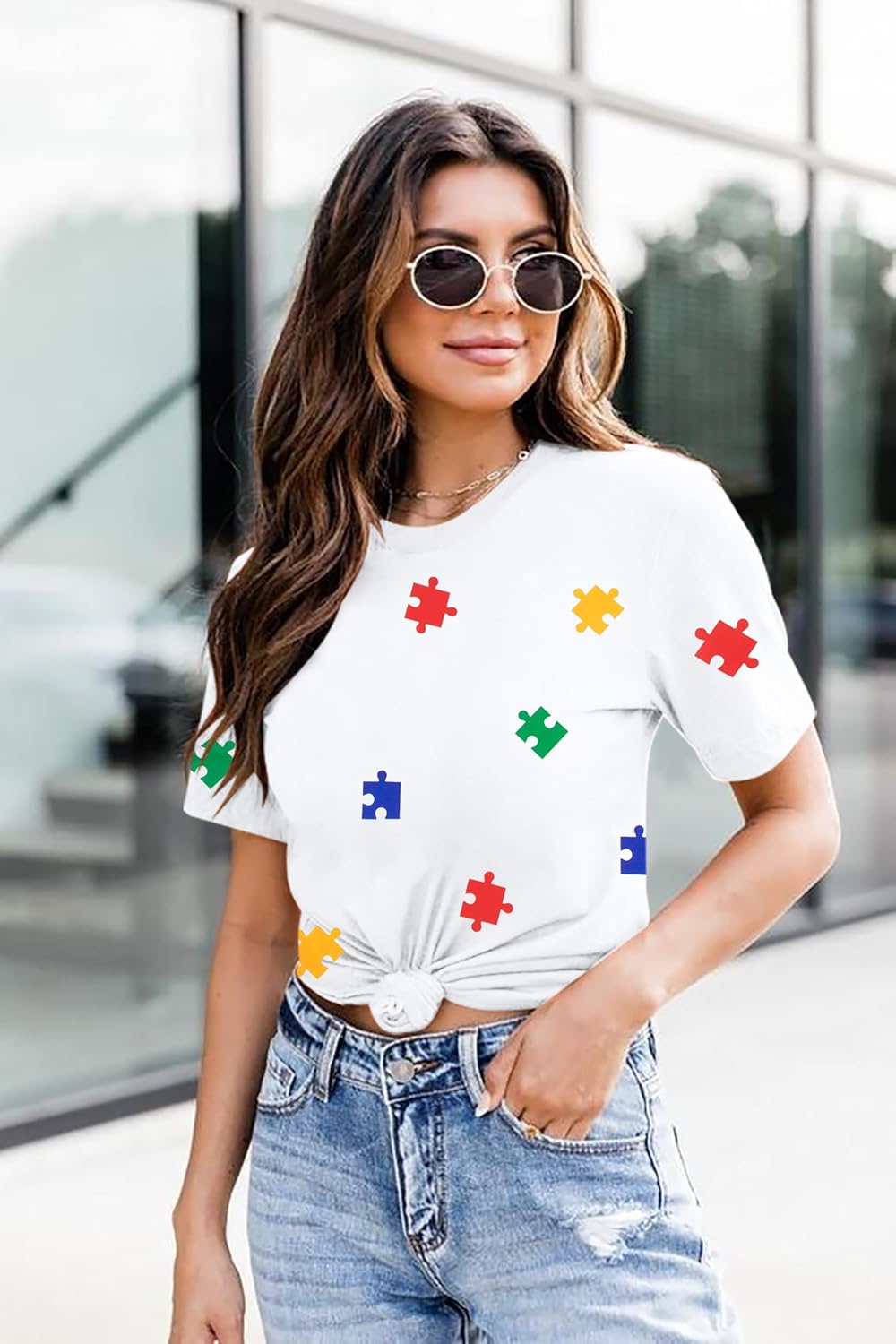 Autism Awareness Shirt for Women: Puzzle Piece Graphic Tee Special Education Tshirt Autism Short Sleeve Tops