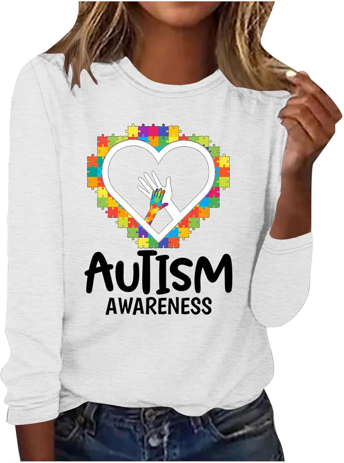 DASAYO Long Sleeve Shirts for Women Crew Neck Casual Blouses Autism Awareness Fashion Tops