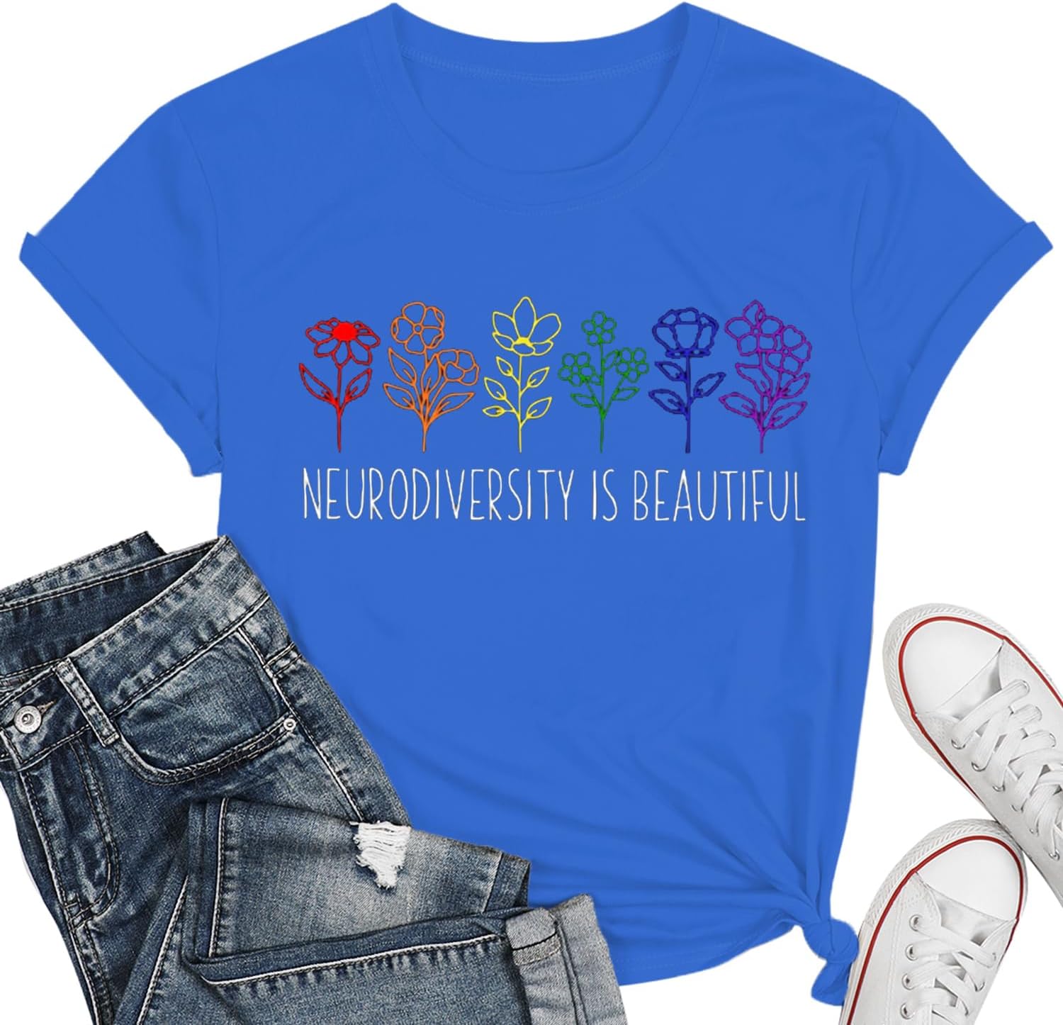 Autism Awareness Shirt Women Neurodiversity Rainbow Flower T-Shirts Special Education Teacher Gift Tee Tops