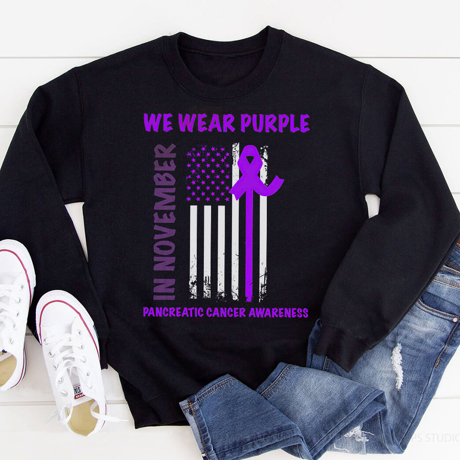 In November We Wear Purple Pancreatic Cancer Awareness T Shirt , Pancreatic Cancer Awareness Ribbon Day Shirt ,Purple Ribbon Gift