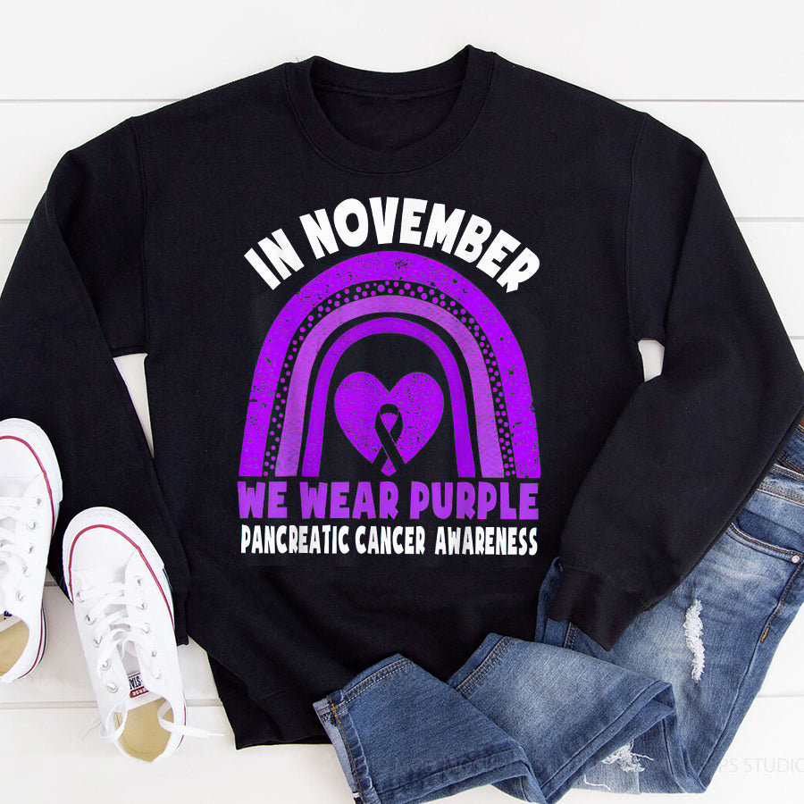 In November We Wear Purple Pancreatic Cancer Awareness Rainbow T Shirt , Pancreatic Cancer Awareness Ribbon Day Shirt ,Purple Ribbon Gift
